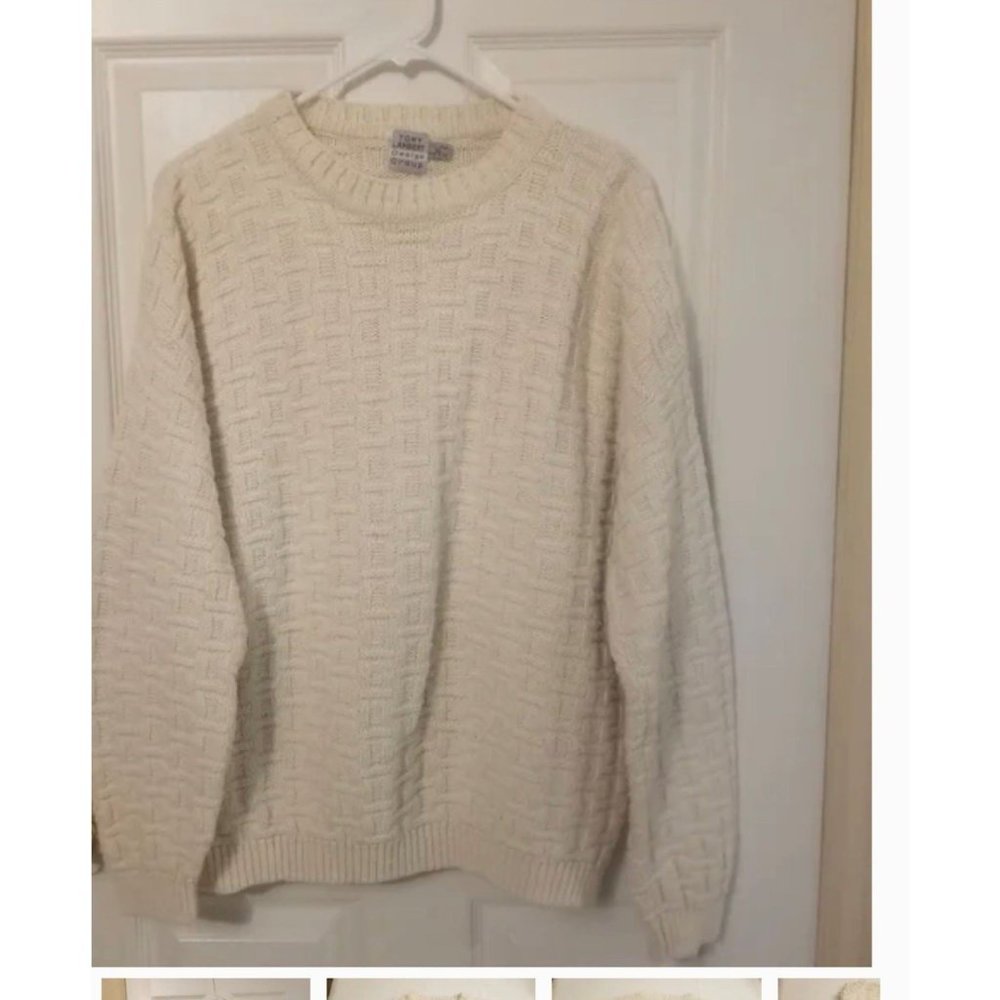 Tony Lambert Chunky Cable Knit White Cotton Textured Crewneck Sweater